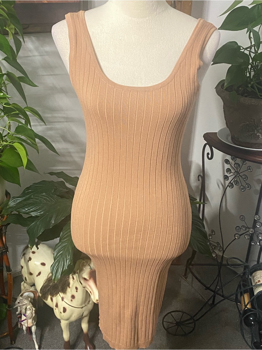 Active USA Ribbed Midi Dress in Camel Tan